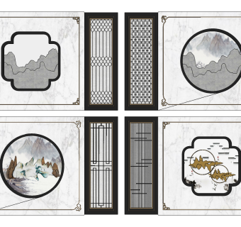 新中式山脉花格背景墙su草图模型下载