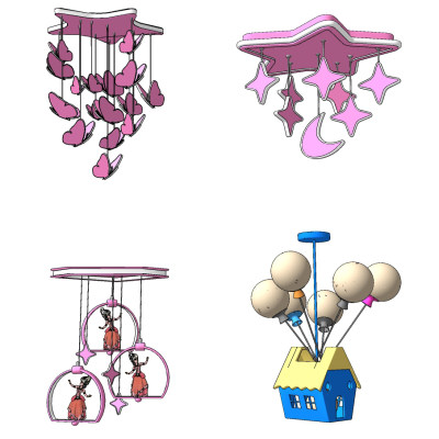 北欧儿童粉色小房子，蝴蝶，儿童吊灯su草图模型下载