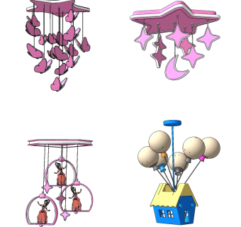 北欧儿童粉色小房子，蝴蝶，儿童吊灯su草图模型下载