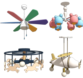 现代儿童彩虹色吊灯，风扇灯su草图模型下载