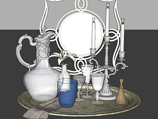欧式烛台，<em>水壶</em>，玻璃杯，托盘组合su草图模型下载