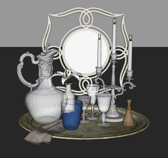 欧式烛台，水壶，玻璃杯，托盘组合su草图模型下载