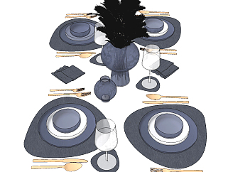 現代西餐餐具,玻璃花瓶，盤子刀叉組合su草圖模型下載