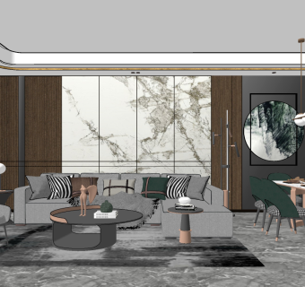 现代轻奢客餐厅，沙发餐桌椅su草图模型下载