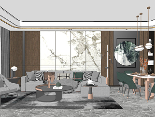 现代轻奢客餐厅，沙发餐桌椅su草图模型下载
