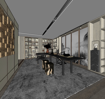 新中式书房，书桌椅，茶台su草图模型下载