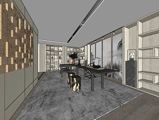 新中式书房，书桌椅，茶台su草图模型下载