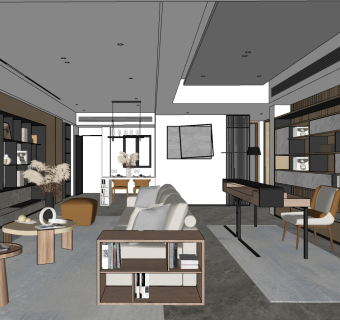 现代客餐厅，沙发书桌椅su草图模型下载