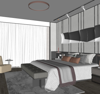 现代样板间卧室，床床头柜su草图模型下载