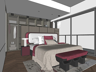 易和<em>设计</em> <em>新中式</em>卧室，双人床su草图模型下载