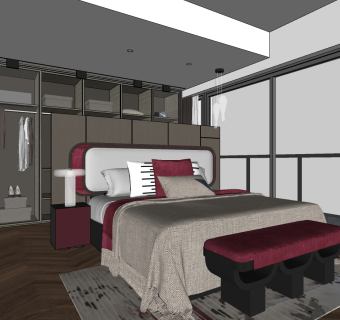 易和设计 新中式卧室，双人床su草图模型下载