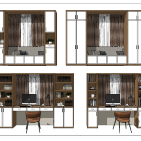 现代飘窗柜,书桌,书柜su草图模型下载