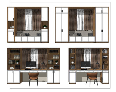 现代飘窗柜,书桌,书柜su草图模型下载