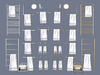 現代浴室架毛巾架，毛巾，化妝鏡組合su草圖模型下載