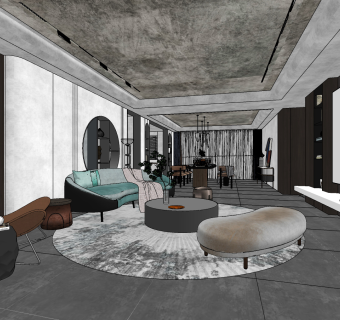 现代高级灰客厅餐厅su草图模型下载