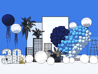 现代蓝色生日宴美陈，气球，鲜花，su草图模型下载