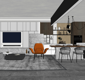 现代电视背景墙,吧台,休闲椅su草图模型下载