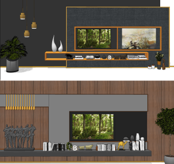 现代电视柜背景墙，吊灯，绿植，饰品摆件su草图模型下载