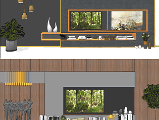 现代电视柜背景墙，吊灯，绿植，饰品摆件su草图模型下载