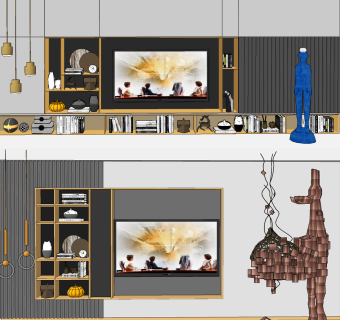 现代电视柜背景墙，书柜，书籍，装饰品摆件su草图模型下载