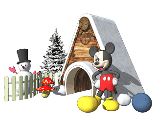 现代雪人，米奇，木屋，松树，栅栏，美陈su草图模型下载