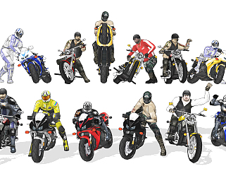 现代摩托车骑手，人物su草图模型下载