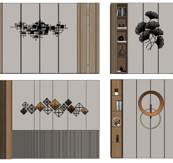 新中式银杏叶背景墙su草图模型下载