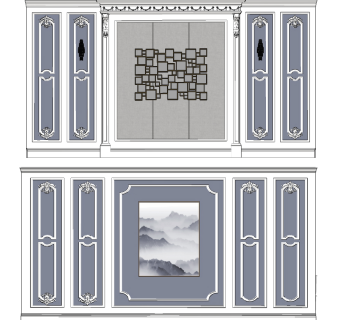 简欧护墙板背景墙su草图模型下载