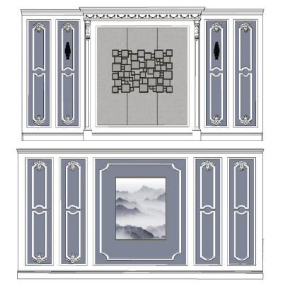 简欧护墙板背景墙su草图模型下载