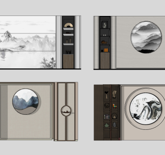 新中式背景墙组合su草图模型下载