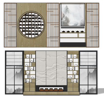 新中式茶艺背景墙su草图模型下载