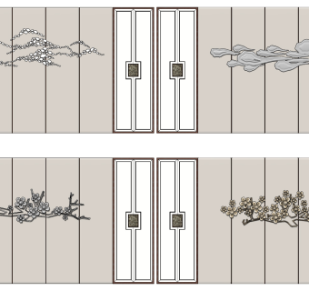新中式，梅花云纹，背景墙su草图模型下载