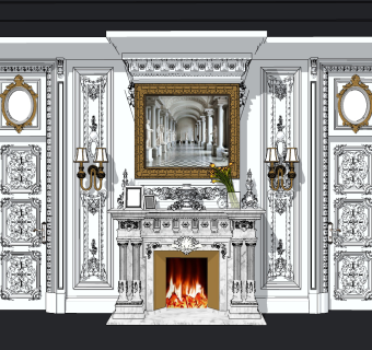法式，雕花壁炉背景墙，门护墙板su草图模型下载