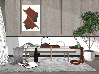 新中式床尾凳,腳踏,綠植盆栽，飾品擺件su草圖模型下載