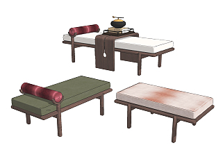 新中式沙发凳脚踏，书籍，饰品摆件su草图模型下载