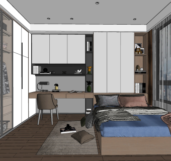 现代loft榻榻米卧室su草图模型下载