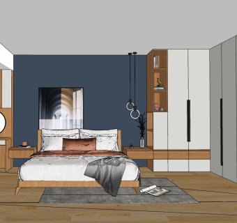 北欧简约卧室su草图模型下载