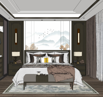 新中式卧室主人房su草图模型下载