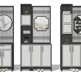 新中式隔断鞋柜,饰品摆件su草图模型下载