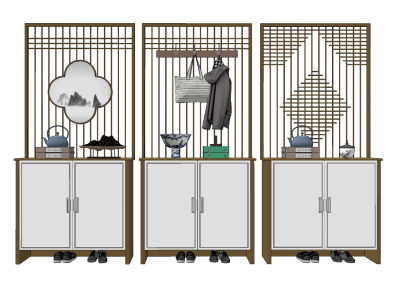 新中式入户屏风鞋柜,饰品摆件su草图模型下载