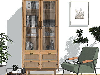 北欧简约书柜,地毯，休闲椅su草图模型下载
