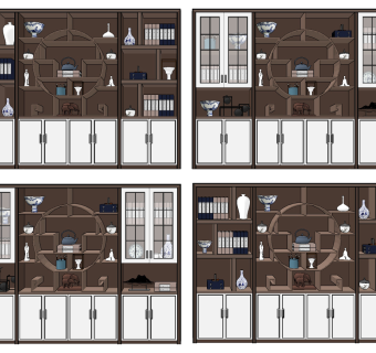新中式实木书柜装饰柜su草图模型下载