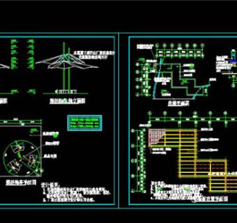 膜结构凉亭及曲桥施工图CAD景观图纸