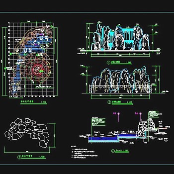 一整套详细假山瀑布cad设计施工图3D模型