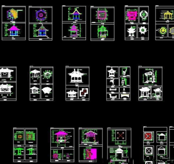 多种仿古木亭圆亭CAD施工图纸