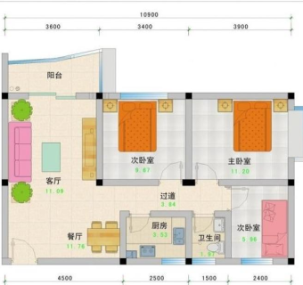 cad两房一厅平面图图片