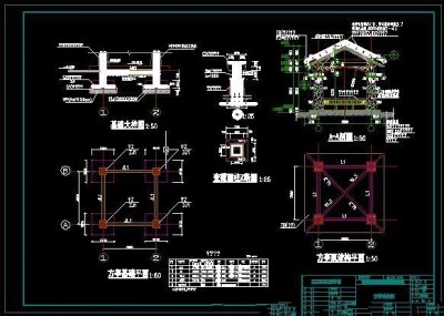 园林景观四角方亭设计CAD施工大样图