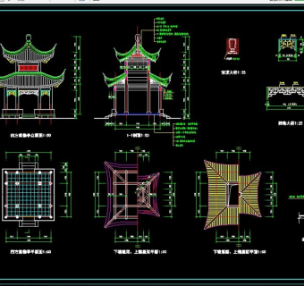 四方重檐亭全套施工图（CAD图纸）