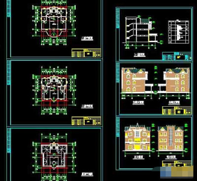 某小户型三层别墅cad建筑施工图