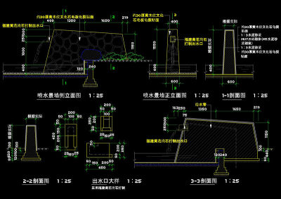 喷水景墙侧立面图cad图纸